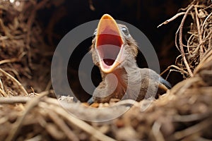 Hungry young bird nestling with open mouth