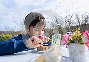 Hungry young boy eating flapjack for dessert,Kid having organic vegan homemade oatmeal bars with cranberries and seeds,Child