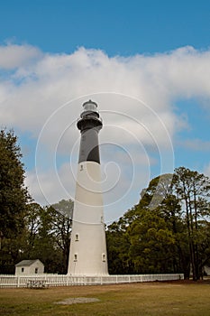 Hunitng Island Lighthouse with blue skies