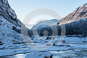 Hunnedalen Norway frozen river valley wintertime