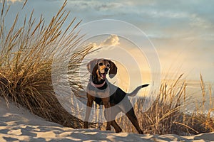 Hunt dog at the beach standing happy against a dramatic sky.