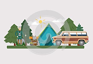 Hunt equipment vector illustration. Huntsman amunition collection with tent and car at forest outdoor. Hunter with