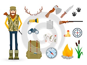 Hunter and accessories for hunting Icon set