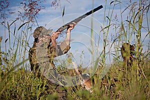 Hunter aiming the hunt, dogs waiting for the shot photo