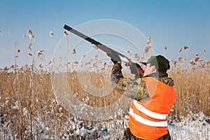 Hunter aiming at the hunt. Hunting dog waiting