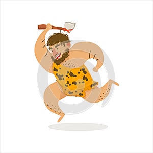 Hunter With Axe Running Cartoon Illustration Of First Sapiens Troglodyte In Animal Pelt Living In Stone Age