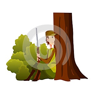 Hunter character with rifle sitting by a tree. Man with a gun in camouflage in cartoon style. Human with weapons on