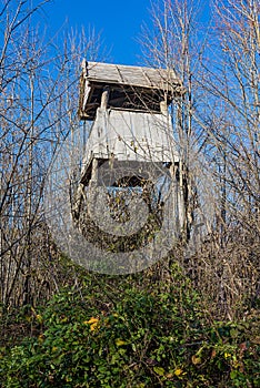 Hunter cottage, Hunting tower in the forest. Hunting lodge in Serbia. Observation Hunting Tower In Forest.