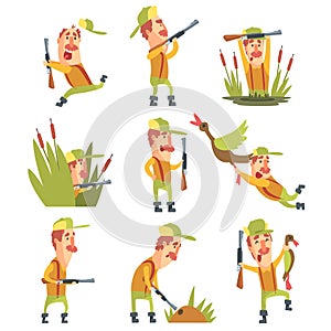 Hunter In Different Funny Situations Set Of Illustrations
