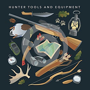 Hunter equipment set. Vector.