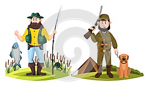 Hunter and fisherman. Hunt man and fisher with rod