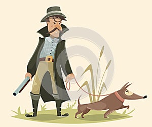 Hunter with gun and dog. Funny cartoon character.