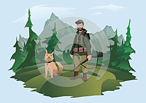 Hunter with gun and dog. Huntsman standing in the forest against a mountain landscape. Vector illustration, isolated on