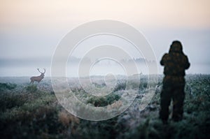 Hunter holding a rifle and aiming red deer, hunter photoshooting.