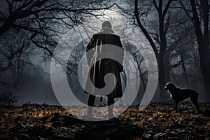 Hunter with loyal dog standing against rustic outdoor background with rifle gazing into distance