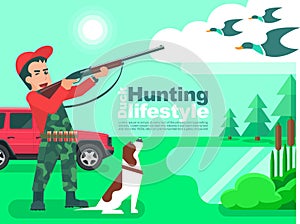 Hunter man with dog aiming or hunting in a duck hunt flat design