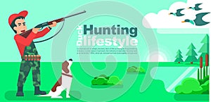 Hunter man with dog aiming or hunting in a duck hunt flat design