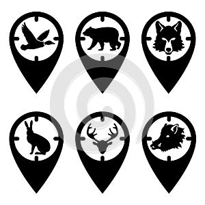 For a hunter, a mark on the map in the form of an optical sight with a silhouette of a duck, bear, wolf, hare, deer