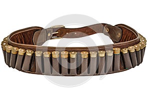 Hunter rifle ammo ammunition belt and bandolier, cartridges inside. Isolated. Brown leather, golden heads of ammunitions items photo