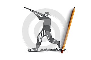 Hunter, rifle, shooting, weapon, man concept. Hand drawn isolated vector.