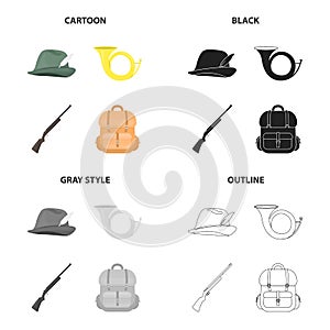 Hunter`s hat, signal horn, hunting rifle, backpack with things. Hunting set collection icons in cartoon black monochrome