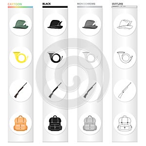 Hunter`s hat, signal horn, hunting rifle, backpack with things. Hunting set collection icons in cartoon black monochrome