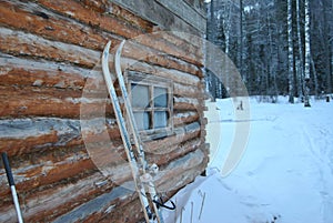 Hunter\'s Hut. Hunter\'s house. Forester\'s house in the taiga among the trees. Forest.