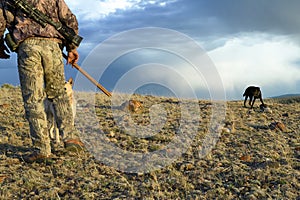 Hunter and tracking dogs in stormy desert scene