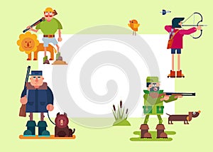 Hunters characters vector cartoon illustrations. Various hunter with riffle, gun, bow and animals. Safari hunting with