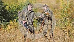 Hunters friends enjoy leisure. Poacher partner in crime. Activity for real men concept. Hunters gamekeepers looking for