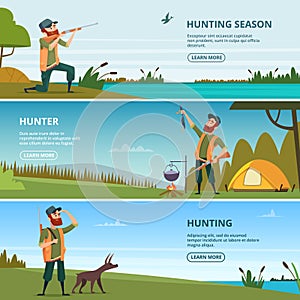 Hunters on hunt banners. Cartoon illustrations of hunting