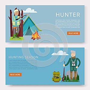 Hunters on hunt banners vector set. Cartoon illustrations of hunting. Hunter with shotgun, hunting leisure and adventure