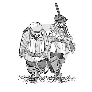 Hunters losers. Cartoon illustration of a hunters with a sad expression.