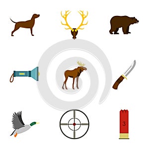 Hunting of animals icons set, flat style