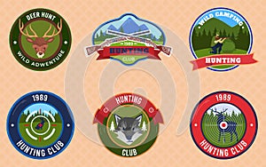 Hunting badges emblems set of vector illustrations. Hunters club heraldic emblem of shield with buck or stag silhouette