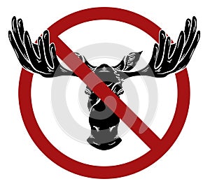 Hunting ban. Black silhouette of a moose head with antlers in a red prohibition sign. Vector sign