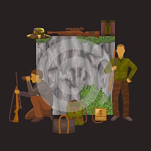 Hunting banner vector illustration. Hunters with guns, camuflage backpacks and binoculars .Two man with shotgun hunts to