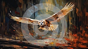 Hunting barn owl in flight wildlife scene from wild, animals, birds