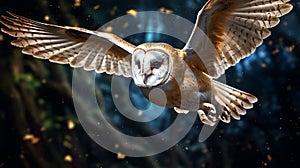 Hunting Barn Owl in flight. Wildlife scene from wild forest. Flying bird tyto alba. Generative Ai