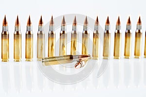 Hunting cartridges of caliberon on a white background. 308 Win