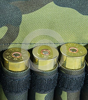 Hunting cartridges, close up. camouflage background