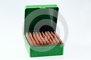 Hunting cartridges in a plastic box. Bullet storage box.