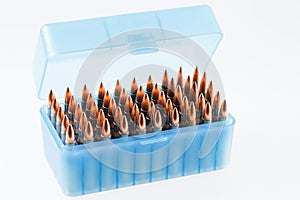 Hunting cartridges in a plastic box. Bullet storage box.