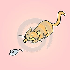 Hunting cat cartoon children illustration. Vector art