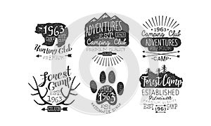 Hunting Club, Adventures Premium Retro Labels Set, Forest Camp Emblems Vector Illustration