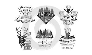 Hunting Club, Adventures Premium Retro Labels Set, Forest Camp, Summer Club Emblems Vector Illustration