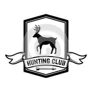 Hunting club emblem template with silhouette of the deer . Design element for logo, label, sign, poster, banner.