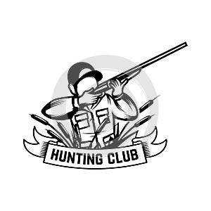 Hunting club.Illustration of hunter with rifle isolated on white background. Design element for logo, label, emblem