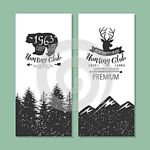 Hunting Club Logo Templates Set, Forest Camping Vintage Labels or Badges Vector Illustration