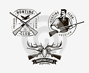 Hunting club set of labels. Hunt logo, icon. Vector illustration